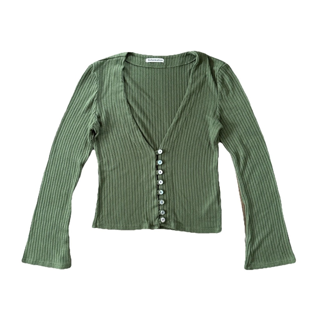 Reformation The Geller Ribbed Knit Top Women Small Green Button Front V Neck Y2K